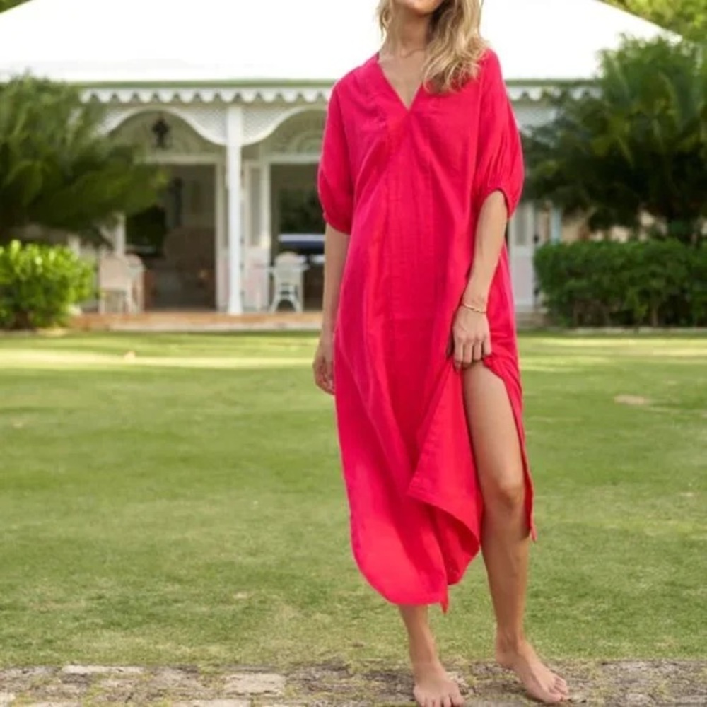 LAKE Gauze Caftan in Heatwave - bright pink/red - size M